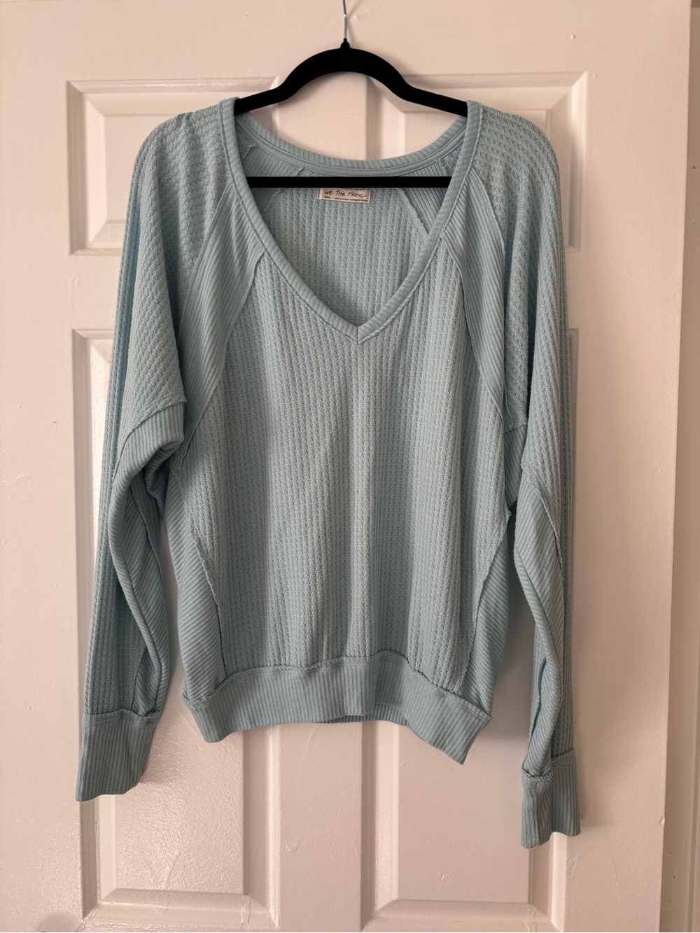 Free People We The Free Light Blue V-Neck Waffle Knit Sweater - Size S - NWOT